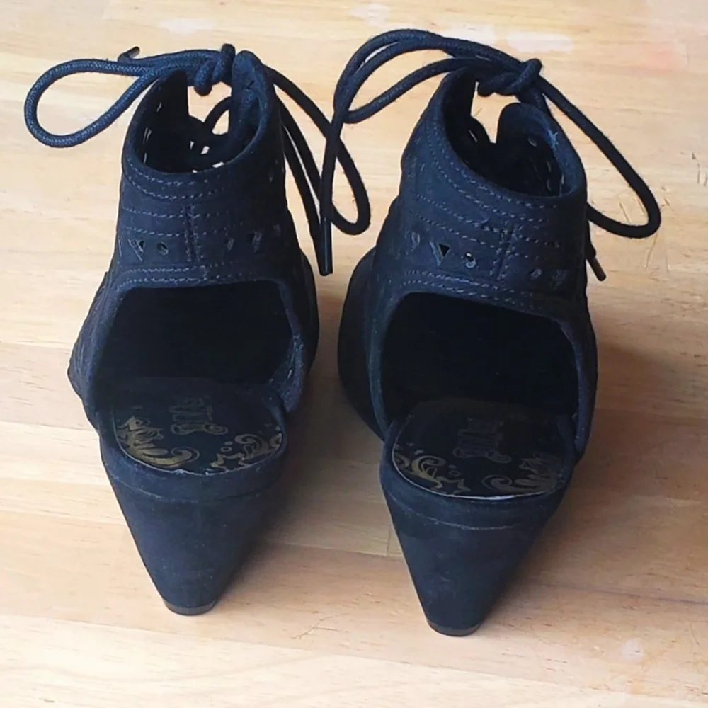 NEW Vintage style Cut-out Peeptoe Lace up Wedge Heels Ankle Black Shoes 5 1/2, 6 - Picture 5 of 7